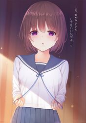  1girl :o bangs blue_sailor_collar blue_skirt blush breasts brown_hair collarbone day eyebrows_visible_through_hair hicha_nomu long_sleeves looking_at_viewer original parted_lips pleated_skirt sailor_collar school_uniform serafuku shirt short_hair skirt small_breasts smile solo sunlight twitter_username untying upper_body violet_eyes white_shirt 