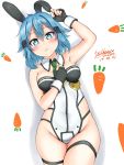  1girl animal_ears bangs bare_arms bare_shoulders black_gloves blue_eyes blue_hair blush breasts bunny_girl bunnysuit carrot_print commentary_request eyebrows_visible_through_hair food_print gloves hair_between_eyes highres looking_at_viewer medium_breasts navel parted_bangs rabbit_ears short_hair sinon solo sword_art_online yukinoshiro 