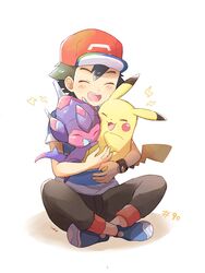  1boy :3 artist_name bangs baseball_cap black_hair black_pants blue_footwear blue_shirt blush blush_stickers closed_eyes creatures_(company) episode_number full_body game_freak gen_1_pokemon happy hat holding holding_pokemon indian_style light_blush lightning_bolt male_focus mei_(maysroom) nintendo number open_mouth pants pikachu poipole pokemon pokemon_(anime) pokemon_(creature) pokemon_sm_(anime) red_headwear satoshi_(pokemon) shirt shoes short_sleeves signature simple_background sitting smile striped striped_shirt teeth ultra_beast white_background wristband 