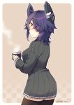  1girl artist_name black_legwear blush breasts brown_eyes closed_mouth expressionless eyebrows_visible_through_hair eyepatch grey_sweater hair_over_one_eye highres kantai_collection kotobuki_(momoko_factory) large_breasts long_sleeves looking_at_viewer purple_hair short_hair sleeves_past_wrists solo sweater tenryuu_(kantai_collection) thigh-highs twitter_username 