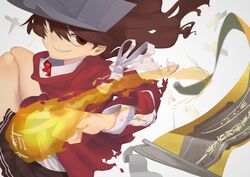  1girl absurdres brown_eyes brown_hair brown_skirt buttons cuffs fire flame grin highres japanese_clothes kantai_collection kariginu long_hair looking_at_viewer magatama miniskirt nanao_(aoyamahikari) onmyouji pleated_skirt ryuujou_(kantai_collection) scroll shikigami shirt skirt smile solo torn_clothes visor_cap white_background white_shirt 