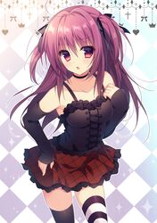  1girl :o ahoge argyle argyle_background armpits bangs bare_shoulders black_choker black_legwear black_ribbon black_shirt blush breasts choker collarbone commentary_request cowboy_shot detached_sleeves frills hair_between_eyes hair_ribbon hand_up heart long_hair long_sleeves looking_at_viewer medium_breasts miniskirt mismatched_legwear original parted_lips pimopi pink_hair plaid plaid_skirt red_eyes red_skirt ribbon shirt skirt solo striped striped_legwear thigh-highs two_side_up unmoving_pattern zettai_ryouiki 