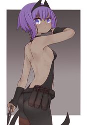  1girl ass back backless_outfit bangs bare_shoulders black_bodysuit black_sleeves bodysuit closed_mouth dark_skin detached_sleeves eyebrows_visible_through_hair fate/prototype fate/prototype:_fragments_of_blue_and_silver fate_(series) grey_background hair_between_eyes hassan_of_serenity_(fate) holding holding_weapon i.u.y kunai long_sleeves looking_at_viewer looking_back purple_hair sleeves_past_wrists solo two-tone_background v-shaped_eyebrows violet_eyes weapon white_background 