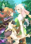  2girls ass blonde_hair bow_(weapon) bracelet braid breasts brown_hair conupuni dancer dress gloves h&#039;aanit_(octopath_traveler) jewelry long_hair looking_at_viewer medium_breasts multiple_girls necklace octopath_traveler open_mouth ponytail primrose_azelhart simple_background smile weapon 