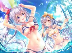  2girls :d aoba_chise aoba_project aoba_rena armpits arms_up ass_visible_through_thighs ball bare_arms bare_shoulders beachball bikini blue_hair blue_sky bow breasts breasts_apart clouds commentary day floating_hair front-tie_bikini front-tie_top hair_bow halter_top halterneck highleg highleg_bikini holding large_breasts lens_flare long_hair looking_at_viewer mismatched_bikini multiple_girls navel open_mouth outdoors palm_tree parted_lips red_bow red_eyes sakura_moyon silver_hair sky smile stomach striped striped_bikini sunlight swimsuit tree very_long_hair violet_eyes wading water yellow_bow 