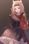  1girl archetto_(arknights) arknights black_background black_dress blonde_hair blue_eyes cape commentary_request cowboy_shot dress epaulettes hand_up heterochromia highres long_hair ms_childofart petticoat pointy_hair red_cape red_eyes solo standing 