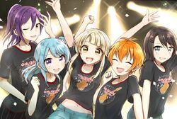  5girls :d \o/ ^_^ antenna_hair arms_up bang_dream! black_hair black_shirt blonde_hair blush clenched_hand clenched_hands closed_eyes confetti diffraction_spikes group_picture hair_ornament hairclip half_updo hello_happy_world! highres kitazawa_hagumi long_hair matsubara_kanon multiple_girls navel okusawa_misaki one_side_up open_mouth orange_hair outstretched_arms print_shirt purple_hair raised_fist semikaskas seta_kaoru shirt short_hair smile stage_lights tsurumaki_kokoro violet_eyes yellow_eyes 