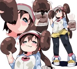  1girl :3 black_legwear blue_eyes blush brown_hair coffee double_bun eating heart legwear_under_shorts long_hair mei_(pokemon) mossgreen multiple_views pantyhose pokemon pokemon_(game) pokemon_bw2 raglan_sleeves shirt shoes short_shorts shorts sneakers standing torogao twintails very_long_hair visor_cap yellow_shorts 