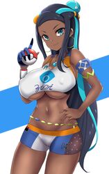  1girl aqua_eyes armlet belly_chain black_hair breasts covered_nipples dark_skin earrings eyeliner eyeshadow gloves gym_leader hair_bun hand_on_hip highres holding holding_poke_ball hoop_earrings jewelry large_breasts long_hair makeup multicolored_hair navel necklace partly_fingerless_gloves poke_ball pokemon pokemon_(game) pokemon_swsh rurina_(pokemon) sayo_ayato shorts single_glove smile sportswear tank_top two-tone_hair under_boob 