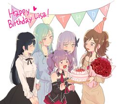  5girls ^_^ aqua_hair bang_dream! beige_sweater birthday_cake black_hair black_neckwear black_skirt blue_dress bouquet brown_hair butterfly_hair_ornament cake character_name closed_eyes commentary_request crying detached_sleeves dress earrings english_text flower food frilled_shirt_collar frills green_eyes grey_hair hair_ornament half_updo happy_birthday happy_tears hat heart high-waist_skirt hikawa_sayo imai_lisa jewelry korean_commentary long_sleeves minato_yukina multiple_girls neck_ribbon necktie open_mouth party_hat purple_hair red_flower red_neckwear red_rose res2shuu ribbon rose roselia_(bang_dream!) shirokane_rinko shirt sidelocks simple_background skirt smile string_of_flags sweatdrop sweater sweater_dress tears twintails udagawa_ako violet_eyes white_background white_shirt yellow_eyes 