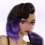  1girl alternate_hairstyle anastasia_(asteltainn) asymmetrical_hair black_hair blush collarbone dark_skin eyelashes eyeshadow gradient_hair lipstick looking_at_viewer makeup medium_hair mole mole_under_eye multicolored_hair nose nose_blush off_shoulder overwatch purple_eyeshadow purple_hair purple_lips purple_lipstick solo sombra_(overwatch) spaghetti_strap thick_eyebrows two-tone_hair undercut violet_eyes wavy_hair 