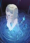  1girl absurdres bangs blue_eyes blue_tongue blunt_bangs braid commentary_request crown eyebrows_visible_through_hair from_above hair_ornament hairclip highres looking_at_viewer ohisashiburi open_mouth original red_nails single_braid solo water white_hair 