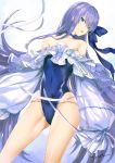  1girl artist_name bangs bare_shoulders blue_eyes blue_swimsuit choker collarbone fate/grand_order fate_(series) flat_chest frills hair_between_eyes highleg highleg_swimsuit highres long_hair long_sleeves looking_at_viewer meltryllis meltryllis_(swimsuit_lancer)_(fate) open_mouth puffy_sleeves purple_hair ribbon sleeves_past_fingers sleeves_past_wrists solo swimsuit thighs tyone very_long_hair 