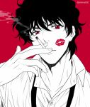  1boy bangs black_hair black_neckwear cigarette collared_shirt holding holding_cigarette lipstick_mark looking_at_viewer male_focus mashima_shima matsuda_jinpei meitantei_conan necktie partially_colored red_background red_eyes shirt simple_background smoke smoking solo twitter_username undone_necktie upper_body 