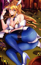  1girl animal_ears artoria_pendragon_(all) artoria_pendragon_(swimsuit_ruler)_(fate) blonde_hair blue_legwear breasts bunny_girl bunnysuit desk detached_collar fake_animal_ears fate/grand_order fate_(series) green_eyes hair_between_eyes high_heels highres large_breasts leotard long_hair looking_at_viewer lying on_desk on_side pantyhose poker_chip ponytail rabbit_ears shumiao sidelocks solo strapless strapless_leotard thigh_strap white_footwear white_leotard wrist_cuffs 