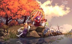  3girls ahoge autumn_leaves blonde_hair blue_eyes blue_skirt branches brown_shoes closed_eyes clouds collar detached_sleeves dusk flagplain foot_on_water frills frog_hair_ornament grass hand_on_hat hat headband kochiya_sanae legs lily_pad longsleeves maroon_skirt moriya_suwako open_mouth outdoors pantyhose purple_hair purple_skirt pyonta red reflection rock rope sake_bowl shade shirt shoes sitting skirt sky smile snake_hair_ornament star teeth touhou trees water watermark white_turtleneck white_vest yasaka_kanako yellow_eyes 