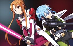  2girls absurdres asuna_(sao) beam_saber belt black_belt black_gloves black_shorts blue_eyes blue_hair braid brown_eyes brown_hair closed_mouth crown_braid cutout dress dutch_angle fingerless_gloves floating_hair frown gloves green_jacket gun hair_between_eyes highres holding holding_gun holding_sword holding_weapon huge_filesize jacket leotard long_sleeves multiple_girls pgm_hecate_ii red_sweater ribbed_sweater rifle shiny shiny_hair short_hair short_hair_with_long_locks short_shorts shorts shoulder_armor sidelocks sinon sniper_rifle stance standing sweater sweater_dress sword sword_art_online thigh-highs v-shaped_eyebrows weapon white_leotard zettai_ryouiki 