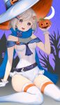  1girl bangs belt black_belt blue_cape blue_scarf blue_sky braid cape commentary crescent_moon frilled_leotard frills gloves hair_ornament hair_tie hairclip hat hataraki_kuma highres holding jack-o&#039;-lantern_ornament leotard looking_at_viewer mole mole_under_eye moon night night_sky open_mouth orange_headwear orange_legwear original outdoors scarf short_hair side_braid silver_hair sitting sky smile solo star_(sky) star_(symbol) star_hair_ornament starry_sky striped striped_legwear thigh-highs two-sided_fabric two-sided_headwear violet_eyes wariza white_gloves white_headwear white_leotard witch_hat 