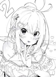  1girl antenna_hair bangs bare_shoulders blush bow breasts commentary cr-r dennou_shoujo_youtuber_shiro dress hair_between_eyes hair_bow hair_ornament large_breasts looking_at_viewer monochrome open_mouth shiro_(dennou_shoujo_youtuber_shiro) sketch solo upper_body virtual_youtuber w white_hair wrist_cuffs 