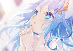  1girl aqua_eyes aqua_hair aqua_nails commentary face hair_ornament hairclip hands_clasped interlocked_fingers loli long_hair nail_polish nude original own_hands_together rain solo tears upper_body water wet wings yano_mitsuki 