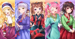  6+girls :t ;d alternate_hairstyle animal_ears aoba_moca arm_up bag bang_dream! bangs beret black_flower black_hair black_ribbon blonde_hair blue_eyes blue_flower blue_headwear blue_jacket blue_skirt blush bow braid brown_hair brown_skirt cat_ears chibi chima_(clothing) closed_mouth double_bun electric_guitar eyebrows_visible_through_hair fake_animal_ears floral_background flower green_bow green_eyes grey_hair guitar hair_bow hair_flower hair_ornament hair_ribbon hairband hat highres holding hood hood_down hooded_jacket ichigaya_arisa imai_lisa instrument jacket jeogori_(clothing) korean_clothes long_hair long_sleeves looking_at_viewer lunacle maruyama_aya michelle_(bang_dream!) minato_yukina minigirl mitake_ran multicolored_hair multiple_girls nose_blush on_shoulder one_eye_closed open_clothes open_jacket open_mouth outstretched_arm pink_bow pink_hair pink_ribbon pleated_skirt pout puffy_long_sleeves puffy_short_sleeves puffy_sleeves purple_flower purple_hair purple_rose purple_skirt red_bow red_eyes red_flower red_headwear red_rose red_skirt redhead ribbon rose scarf scroll shako_cap shirasagi_chisato shirt shoe_soles shoes short_hair short_sleeves shoulder_bag silver_hair sitting skirt skirt_hold smile solo streaked_hair toyama_kasumi tsurumaki_kokoro twintails v-shaped_eyebrows very_long_hair violet_eyes white_footwear white_scarf white_shirt x_hair_ornament yellow_eyes yellow_flower yellow_shirt 