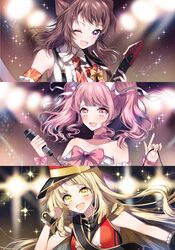  3girls :d ;d band_uniform bang_dream! bangs blonde_hair bow bowtie brown_hair choker collared_shirt detached_sleeves electric_guitar epaulettes guitar hair_ornament hair_ribbon hairclip hat holding holding_cable holding_microphone index_finger_raised instrument long_hair looking_at_viewer maruyama_aya microphone multiple_girls necktie nennen one_eye_closed open_mouth pink_bow pink_choker pink_eyes pink_hair pink_neckwear red_bow red_neckwear ribbon sash shako_cap shirt short_hair short_sleeves smile sparkle stage_lights star strapless suspenders toyama_kasumi tsurumaki_kokoro twintails violet_eyes white_ribbon white_shirt wrist_bow wrist_cuffs yellow_bow yellow_eyes 