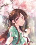  1girl brown_eyes brown_hair cherry_blossoms cover earrings highres jewelry kanojo_okarishimasu long_hair looking_at_viewer mizuhara_chizuru official_art outdoors outstretched_arm smile solo spring_(season) upper_body 