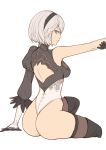  1girl ass back bare_shoulders black_gloves black_legwear blue_eyes boots breasts gloves grey_hair hairband leotard looking_at_viewer nier_(series) nier_automata puffy_sleeves short_hair simple_background sitting solo thigh-highs thigh_boots tsuki_suigetsu white_background yorha_no._2_type_b 