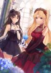  2girls absurdres artist_name bangs bird black_dress black_headwear black_sleeves blonde_hair blue_flower blue_rose blurry blurry_foreground bridal_gauntlets brown_hair closed_mouth cross cross_necklace detached_sleeves dress earrings ereshkigal_(fate) fate/grand_order fate_(series) flower hair_between_eyes hair_flower hair_ornament hairband hat highres holding holding_flower indoors ishtar_(fate) jewelry lolita_hairband long_dress long_hair long_sleeves looking_at_viewer mini_hat multiple_girls nail_polish necklace red_dress red_eyes red_flower red_nails red_rose rose shiny shiny_hair short_dress sleeveless sleeveless_dress sleeves_past_wrists smile standing twintails very_long_hair watermark white_sleeves xbaka 