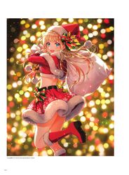  1girl :d :p artist_name bag bangs belt black_belt blonde_hair blue_eyes blurry blurry_background boots bow capelet christmas_tree crop_top eyebrows_visible_through_hair floating_hair fur-trimmed_boots fur-trimmed_capelet fur-trimmed_hat fur-trimmed_skirt fur-trimmed_sleeves fur_trim gift_bag hat hat_bow hat_ornament highres holding holding_bag knee_boots leg_up long_hair long_sleeves looking_at_viewer midriff miniskirt morikura_en open_mouth original print_skirt red_capelet red_footwear red_headwear red_skirt santa_boots santa_costume santa_hat skirt smile snowflake_print solo standing standing_on_one_leg striped striped_bow tongue tongue_out white_bag 