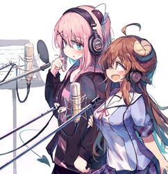  2girls ahoge beize_(garbage) blush brown_eyes brown_hair chiyoda_momo demon_girl demon_horns demon_tail eyebrows_visible_through_hair hair_ornament hairclip headphones highres horns long_hair machikado_mazoku microphone microphone_stand multiple_girls open_mouth pink_hair playing_with_own_hair recording_studio school_uniform seiyuu short_hair simple_background skirt smile studio_microphone sweat tail white_background yoshida_yuuko_(machikado_mazoku) 