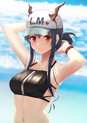  1girl absurdres arknights arm_behind_back armpits arms_up bare_arms bare_shoulders baseball_cap black_hair blue_sky blurry blurry_background breasts ch&#039;en_(arknights) clouds crop_top depth_of_field halterneck hat highres horns horns_through_headwear long_hair looking_at_viewer medium_breasts midriff navel red_eyes rko_(a470350510) sidelocks sky sleeveless smile solo stomach tied_hair upper_body wristband 