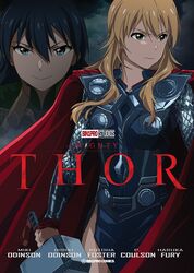  2girls black_hair blonde_hair blue_eyes character_name closed_mouth cosplay ganaha_hibiki green_eyes hair_between_eyes highres holding holding_hammer hoshii_miki long_hair multiple_girls shiny shiny_hair smile taku1122 thor_(marvel) thor_(marvel)_(cosplay) 