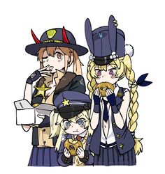  3girls anyan_(jooho) commentary_request demon_horns doughnut eating fingerless_gloves food girls_frontline gloves hat height_difference horns korean_commentary m870_(girls_frontline) multiple_girls one_eye_closed pastry_box police police_hat police_uniform policewoman sheriff sheriff_badge sr-3mp_(girls_frontline) super_shorty_(girls_frontline) uniform 