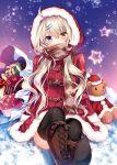  1girl ahoge black_legwear blue_eyes boots brown_footwear brown_hair christmas coat duffel_coat fur_trim gift hair_ornament hairclip heterochromia hood long_hair looking_at_viewer luca_(nogi_takayoshi) nogi_takayoshi orange_eyes original red_coat sack santa_costume scarf sitting solo star stuffed_animal stuffed_toy teddy_bear thigh-highs 