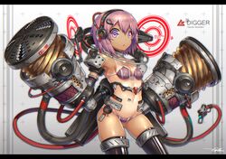  1girl ass_visible_through_thighs bangs bikini black_bikini black_legwear cable collar cowboy_shot cyborg english_text gia headphones highres letterboxed navel one-piece_tan original purple_hair short_hair solo swimsuit symbol-shaped_pupils tan tanline tattoo thigh-highs violet_eyes 