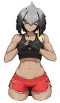  1girl abs alternate_costume asura_senki bangs bare_arms bare_shoulders biceps black_gloves black_hair black_sports_bra blonde_hair clenched_hand closed_mouth collarbone cowboy_shot cracking_knuckles cropped_legs dark_skin eyeliner fingerless_gloves fist_in_hand frown glaring gloves grey_hair gym_shorts hair_between_eyes hair_intakes hands_up highres kemono_friends long_hair looking_at_viewer low_ponytail makeup midriff multicolored_hair muscle muscular_female navel own_hands_together pocket red_shorts shoebill_(kemono_friends) short_shorts shorts side_ponytail simple_background solo sports_bra sportswear stomach thigh_gap thighs toned white_background wide_hips yellow_eyes 