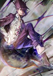  1boy aoki_(fumomo) beard blazer collared_shirt dangan_ronpa dress_shirt facial_hair grin hair_between_eyes invisible_chair jacket looking_at_viewer male_focus momota_kaito new_dangan_ronpa_v3 open_blazer open_clothes open_jacket open_shirt pants print_shirt purple_hair purple_jacket purple_pants shirt sitting slippers smile solo spiky_hair violet_eyes white_shirt wing_collar 