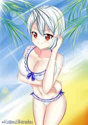  1girl artist_name beach bikini blush cowboy_shot cute deviantart female_focus j.c._staff katou_shinobu moe nakiri_alice navel ocean parted_lips pixiv red_eyes shokugeki_no_souma shueisha solo summer tokyo_mx white_bikini white_hair 