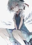  1girl bangs between_legs blue_dress blue_eyes blue_hair cirno collared_shirt commentary_request dress eyebrows_visible_through_hair feet_out_of_frame grey_background hair_between_eyes hair_ribbon hand_between_legs hasunokaeru ice ice_wings looking_at_viewer neck_ribbon puffy_short_sleeves puffy_sleeves red_ribbon ribbon shirt short_sleeves sitting sleeveless sleeveless_dress solo spread_legs touhou white_shirt wings 