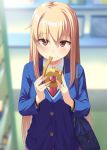  1girl ascii_media_works atsuyah0310 bag bangs baumkuchen blazer blonde_hair blush breasts cake eating eyebrows_visible_through_hair food hair_between_eyes holding holding_food j.c._staff jacket kuudere long_hair looking_at_viewer medium_breasts necktie outdoors red_eyes red_neckwear sakura-sou_no_pet_na_kanojo school_uniform shiina_mashiro shoulder_bag solo standing upper_body 