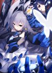  bangs bare_shoulders black_gloves blue_eyes blue_hair blush breasts bronya_zaychik bronya_zaychik_(herrscher_of_reason) bug butterfly center_opening crossed_bangs dress drill_hair earrings ekusufeito elbow_gloves gloves hair_between_eyes hair_ornament hand_up highres honkai_(series) honkai_impact_3rd insect jewelry layered_dress long_hair looking_at_viewer multiple_girls project_bunny quad_drills seele_vollerei short_hair silver_hair small_breasts 