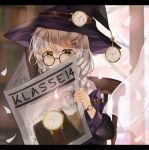  1girl absurdres black_jacket blush chair commentary_request curtains glasses hat highres jacket long_hair looking_at_viewer newspaper original shirt sitting solo watch watch white_hair white_shirt witch witch_hat yellow_eyes yuno_(suke_yuno) 