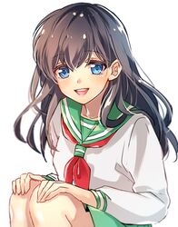  1girl :d black_hair blue_eyes eyebrows_visible_through_hair green_sailor_collar green_skirt hair_between_eyes hands_on_own_knees higurashi_kagome inuyasha long_hair long_sleeves looking_at_viewer miniskirt motobi_(mtb_umk) neckerchief open_mouth pleated_skirt red_neckwear sailor_collar school_uniform serafuku shiny shiny_hair shirt simple_background skirt smile solo squatting white_background white_shirt 