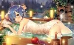  1girl absurdres apple arm_support ass ayamy bare_arms bare_shoulders bathing blue_eyes blue_hair blurry blurry_foreground blush breasts bucket closed_mouth creature depth_of_field eyebrows_visible_through_hair fireflies food forest from_side fruit hair_ornament hakugei_(re:zero) hanging_breasts highres light looking_at_viewer looking_to_the_side medium_breasts naked_towel nature outdoors outstretched_arms partially_submerged re:zero_kara_hajimeru_isekai_seikatsu rem_(re:zero) scan shiny shiny_hair shiny_skin short_hair smile solo steam tareme towel tree water wet wet_hair wooden_bucket x_hair_ornament 
