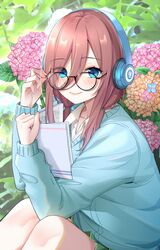  1girl black-framed_eyewear blue_cardigan blue_eyes book brown_hair collared_shirt flower glasses go-toubun_no_hanayome green_skirt hand_on_eyewear headphones highres holding hydrangea kongbai long_hair long_sleeves looking_at_viewer miniskirt nakano_miku orange_flower pink_flower school_uniform shirt sitting skirt smile solo undershirt white_shirt 