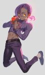  1boy belt brown_eyes cleavage_cutout clothing_cutout freckles groin hands_up highres holding holding_phone jojo_no_kimyou_na_bouken kneeling long_hair long_sleeves looking_at_viewer male_focus meipu_hm midriff navel pants pectoral_cleavage pectorals phone pink_hair purple_footwear purple_pants purple_sweater ribbed_sweater shoes solo sweater toned toned_male turtleneck turtleneck_sweater vento_aureo vinegar_doppio 