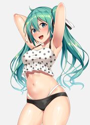  1girl :d armpits arms_behind_head arms_up bandeau bangs bare_arms bare_shoulders black_panties black_ribbon bra_strap breasts collarbone cowboy_shot crop_top eyebrows_visible_through_hair green_eyes green_hair grey_background groin hair_between_eyes hair_ribbon hatsune_miku highleg highres hiiragi_hajime long_hair medium_breasts midriff navel open_mouth panties panty_straps polka_dot ribbon simple_background smile solo standing stomach thighs twintails underwear vocaloid white_ribbon 