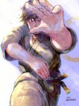  1girl belt black_belt blue_eyes choker dougi fighting_stance fingernails foreshortening highres karate karate_gi makoto_(street_fighter) one_eye_covered quasimodox ribbon_choker scar scar_on_hand serious short_hair solo street_fighter street_fighter_iii_(series) tomboy 