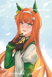  1girl absurdres animal_ears blunt_bangs blush bow gazelle_jun green_eyes hair_ornament hairband highres horse_ears horse_girl layered_sleeves long_hair long_sleeves looking_at_viewer orange_hair short_over_long_sleeves short_sleeves silence_suzuka_(umamusume) smile solo umamusume white_hairband 